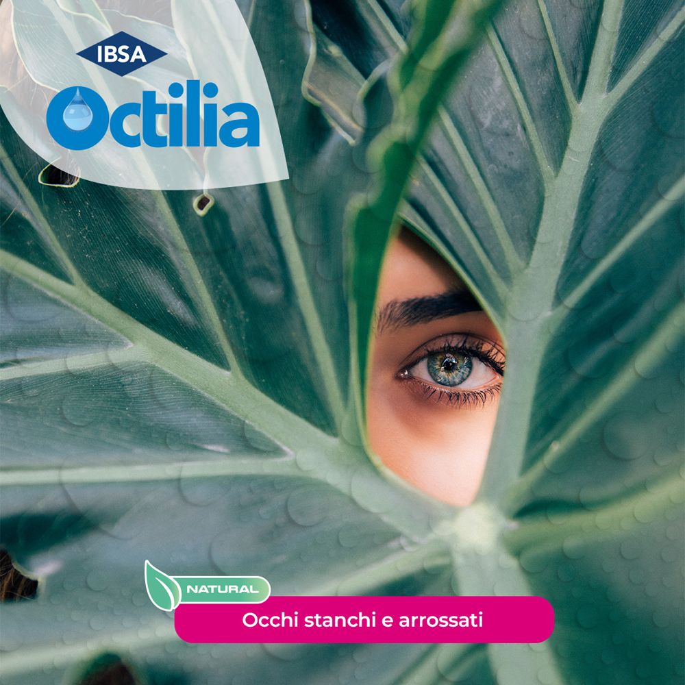 Occhio dietro una foglia. Logo Octilia® e scritta: Occhi stanchi e arrossati.