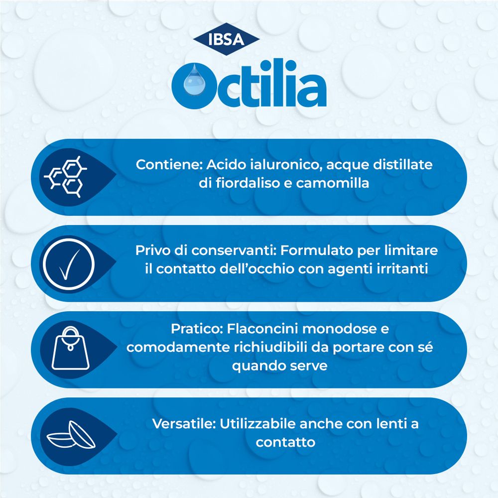 Informazioni sul collirio Octilia®. Contiene acido ialuronico, acqua distillata, senza conservanti.
