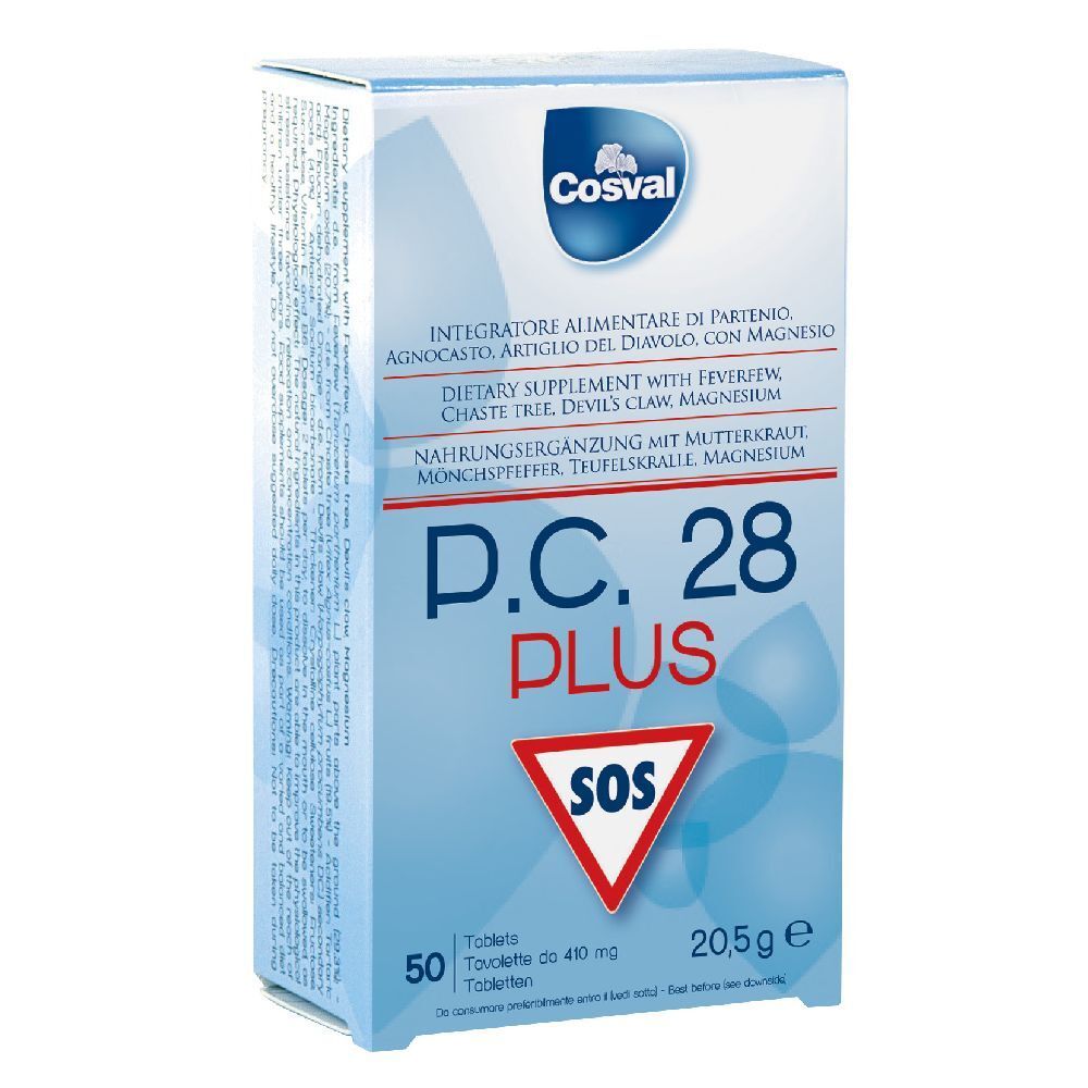 Scatola blu e bianca con logo "Cosval" e "P.C. 28 PLUS". Contiene 50 compresse. Testo in tedesco, italiano e inglese.