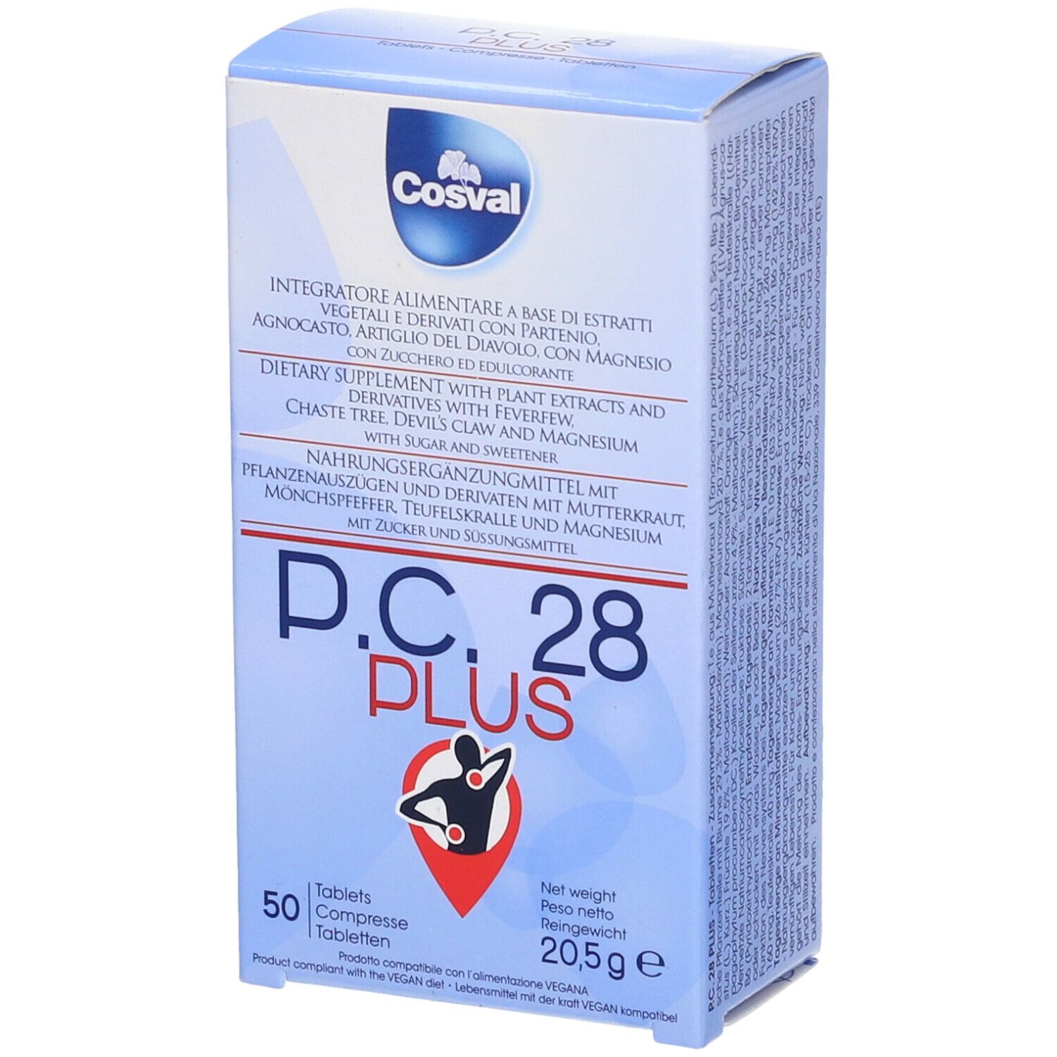 Scatola blu e bianca con logo "Cosval" e "P.C. 28 PLUS". Contiene 50 compresse. Testo in tedesco, italiano e inglese.