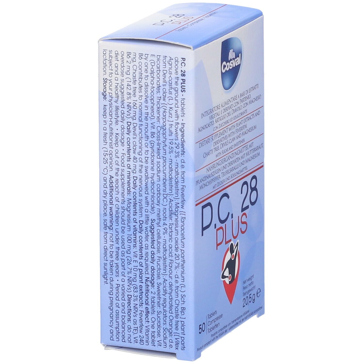 Scatola con "P.C. 28 PLUS" e informazioni sul contenuto. Testo in tedesco, italiano e inglese. Contiene 50 compresse.