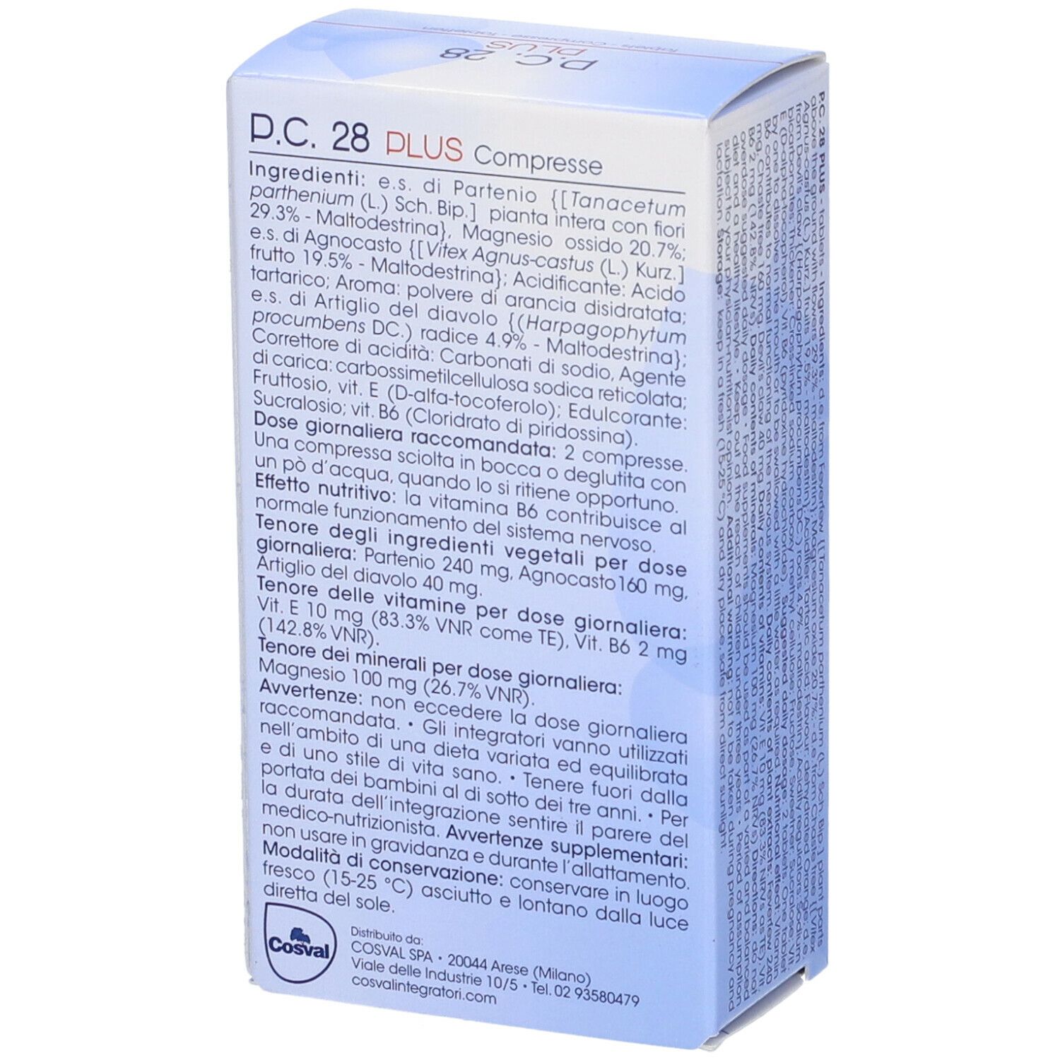 Retro della scatola con ingredienti e istruzioni per il dosaggio di "P.C. 28 PLUS". Testo in tedesco e italiano.