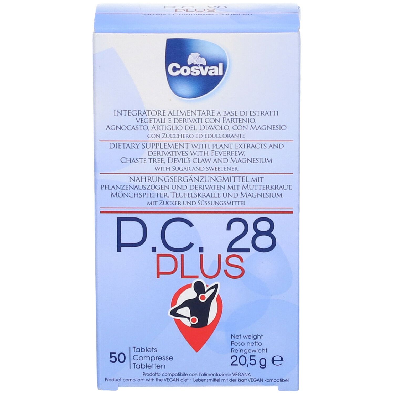 Scatola blu e bianca con logo "Cosval" e "P.C. 28 PLUS". Contiene 50 compresse. Testo in tedesco, italiano e inglese.