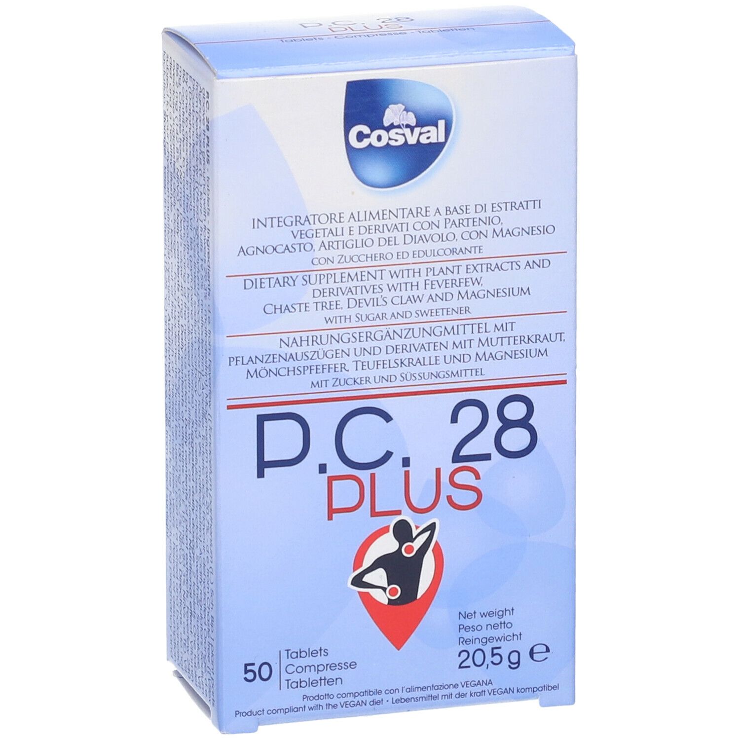 Scatola blu e bianca con logo "Cosval" e "P.C. 28 PLUS". Contiene 50 compresse. Testo in tedesco, italiano e inglese.