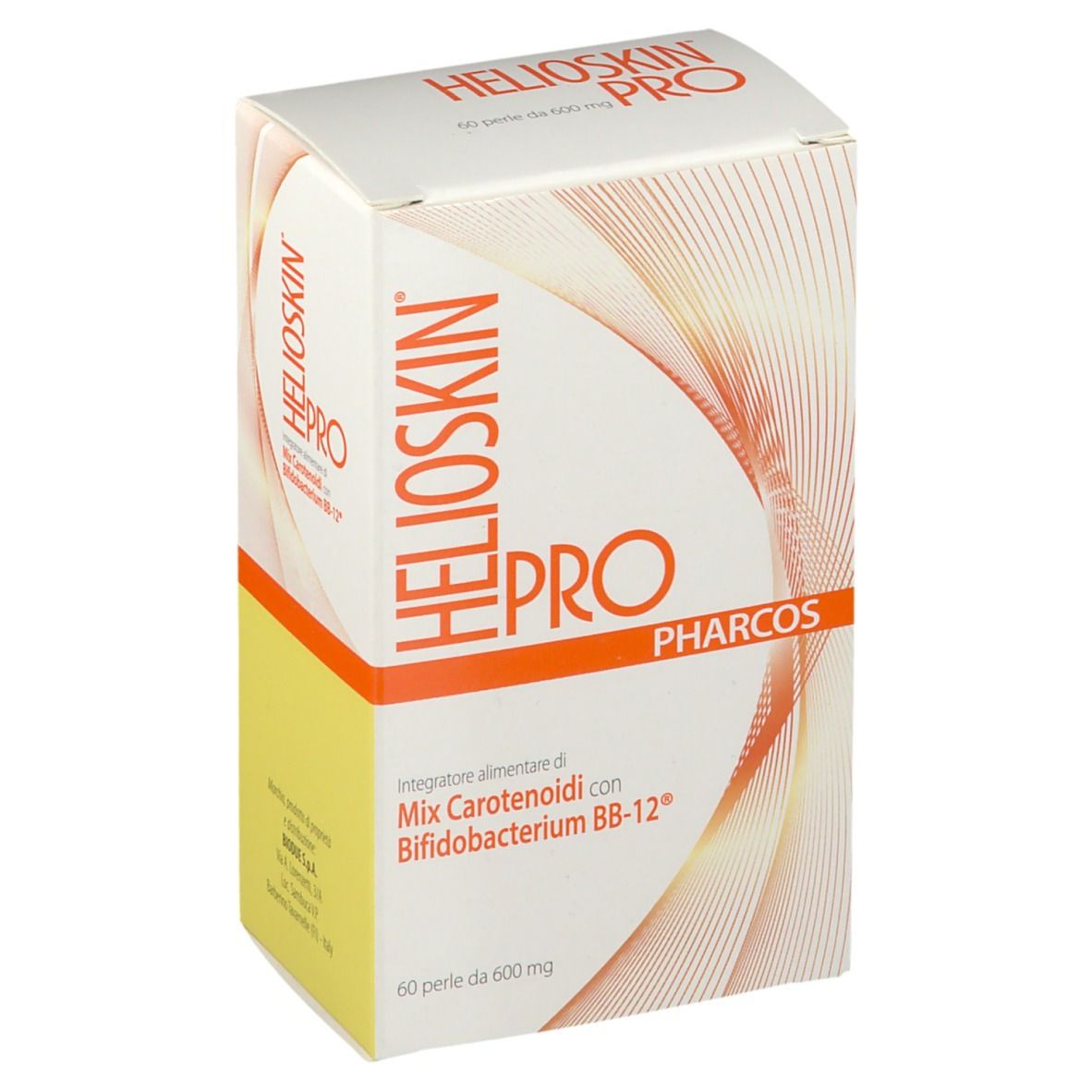 Scatola Pharcos HELIOSKIN® PRO. Confezione bianca e arancione con nome e dettagli del prodotto.