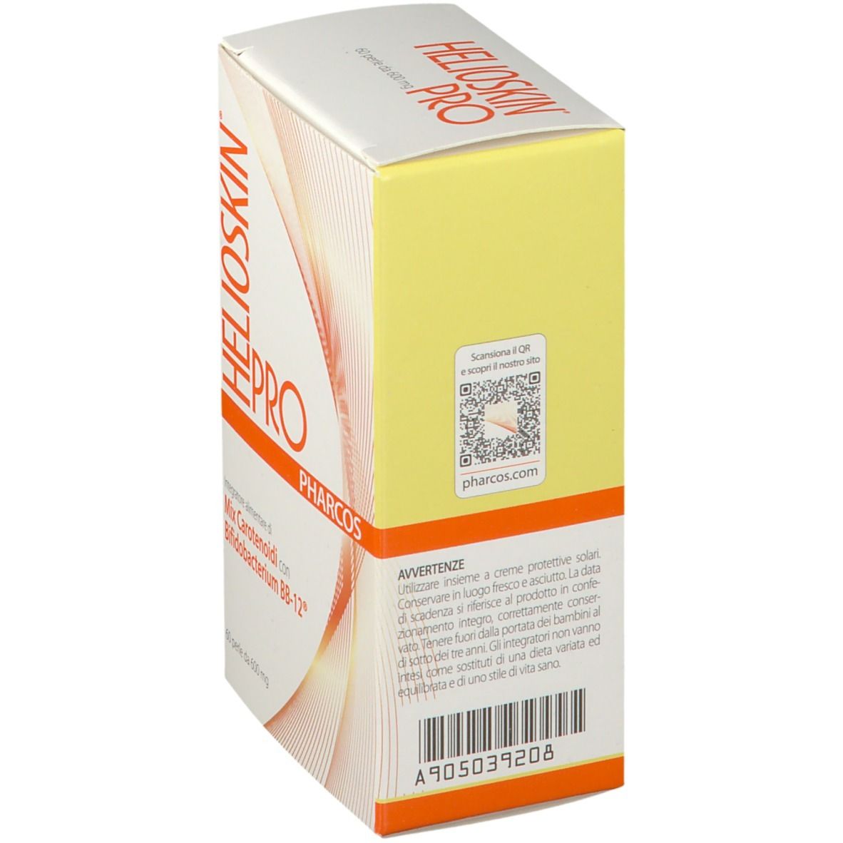 Scatola Pharcos HELIOSKIN® PRO, vista laterale. Codice QR e avvertenze in italiano.