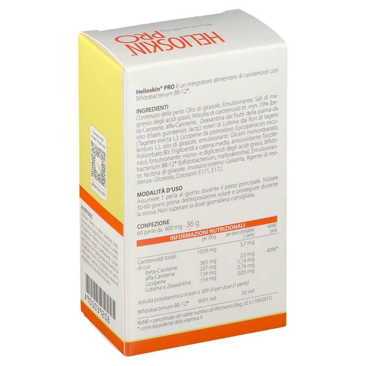 Retro della scatola Pharcos HELIOSKIN® PRO. Ingredienti, modalità d'uso e informazioni nutrizionali.