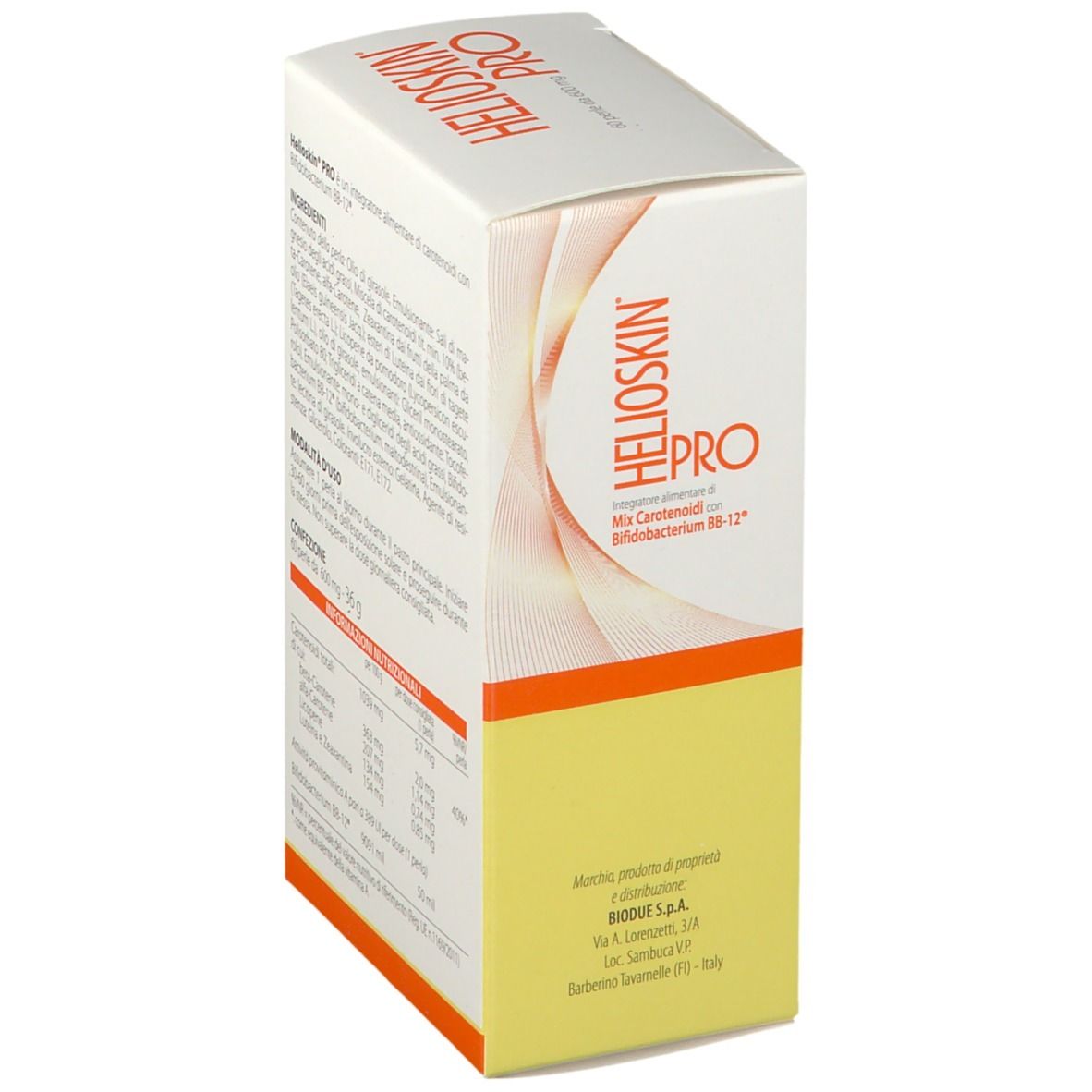 Scatola Pharcos HELIOSKIN® PRO, vista laterale. Ingredienti e informazioni nutrizionali.