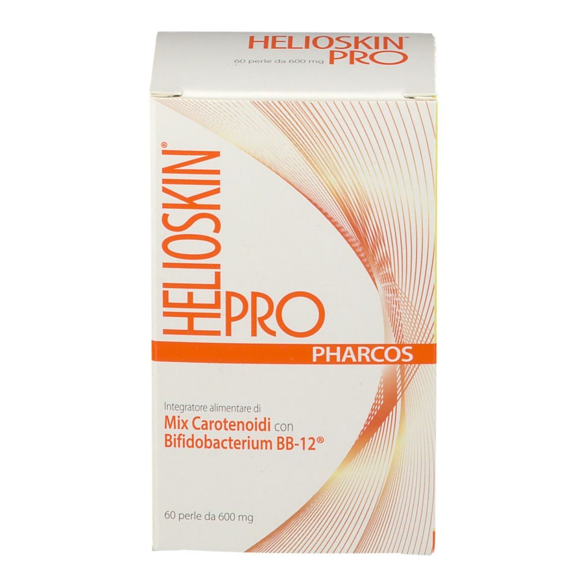 Scatola Pharcos HELIOSKIN® PRO. Confezione bianca e arancione con nome e dettagli del prodotto.