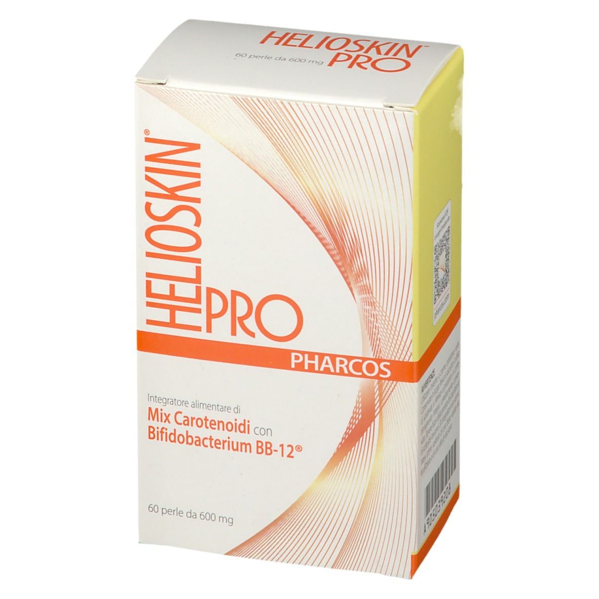 Scatola Pharcos HELIOSKIN® PRO. Confezione bianca e arancione con nome e dettagli del prodotto.