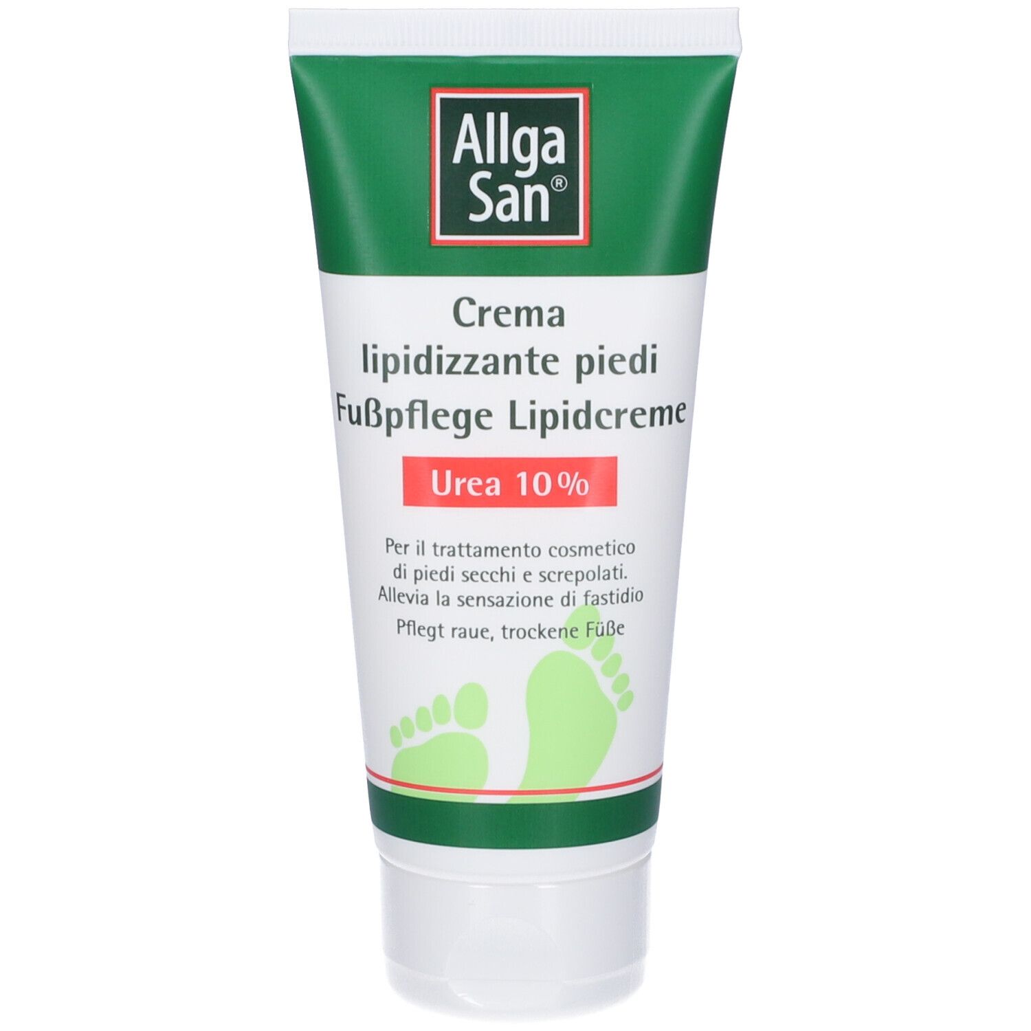 Grüne Tube mit weißem Deckel. Aufschrift: Allga San, Creme lipidizzante piedi, Urea 10%. Fußpflege-Illustration.
