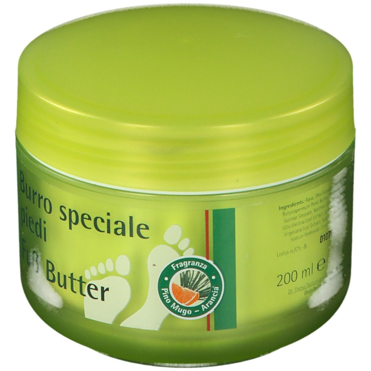 Vasetto verde con coperchio. Scritta: Allga San, Burro speciale piedi, Fuß Butter. Illustrazione di impronte.