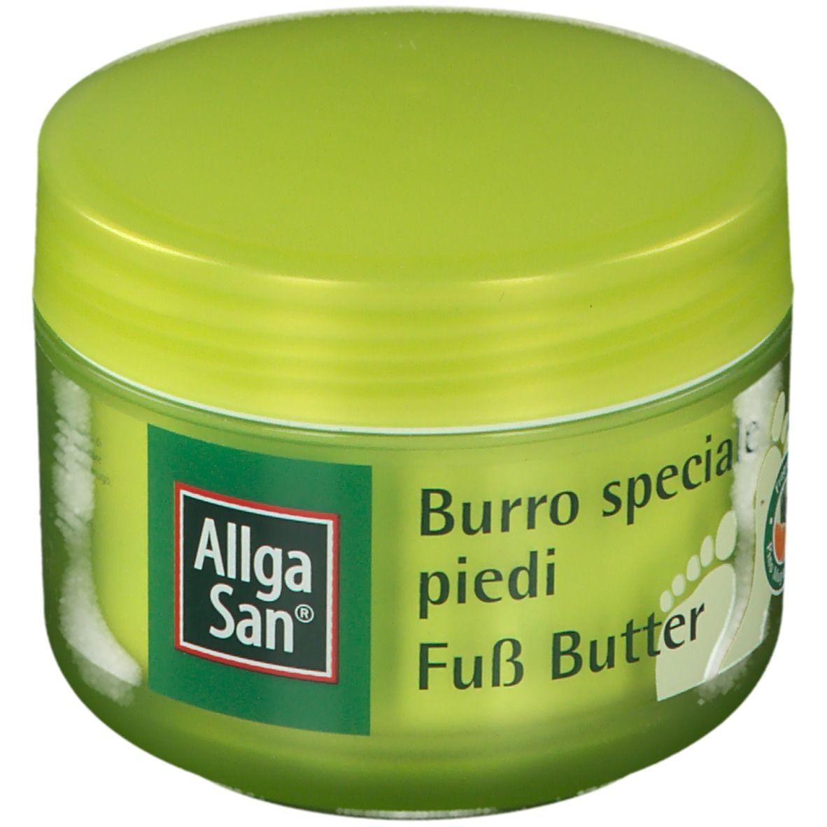 Vasetto verde con coperchio. Scritta: Allga San, Burro speciale piedi, Fuß Butter.