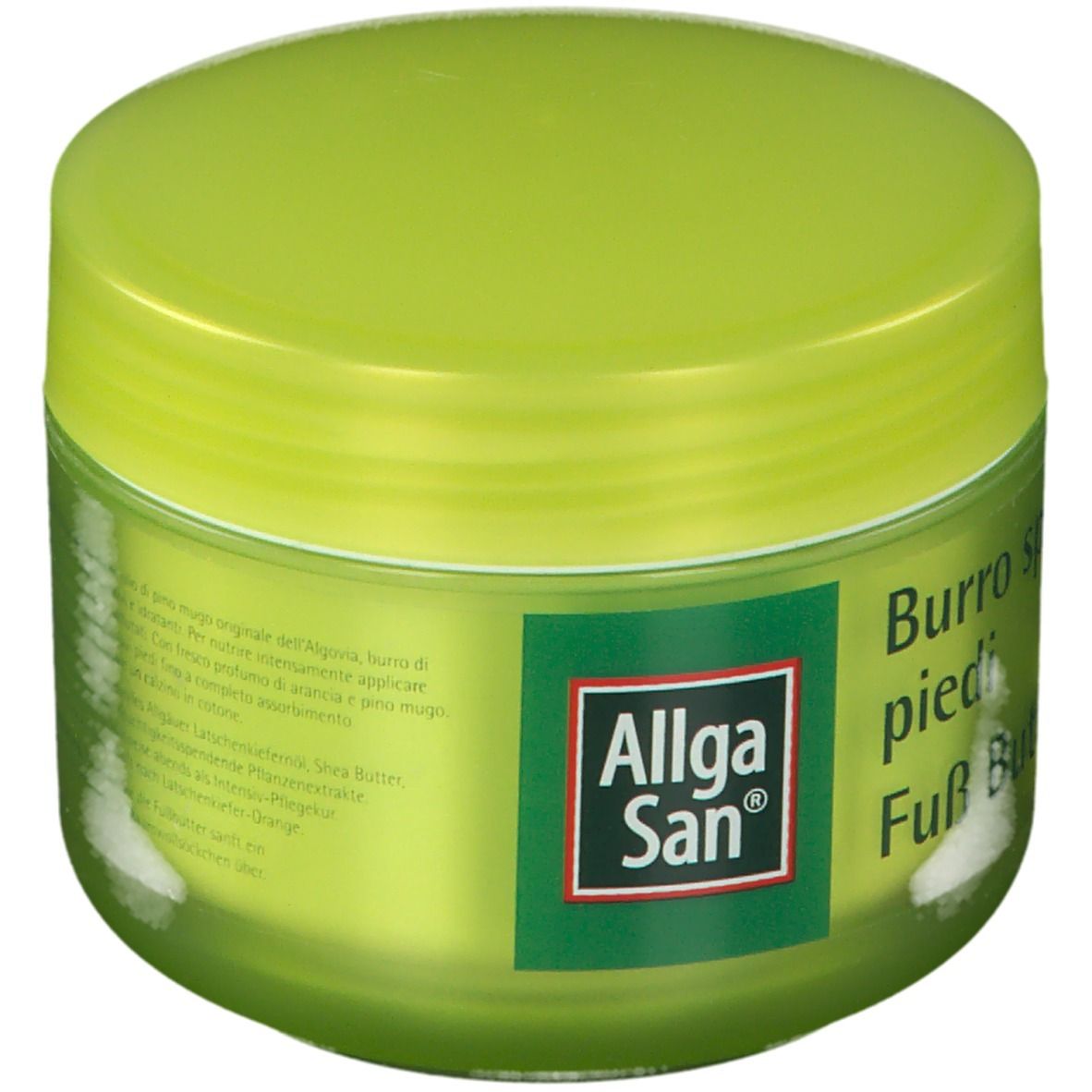 Vasetto verde con coperchio. Scritta: Allga San, Burro speciale piedi, Fuß Butter.