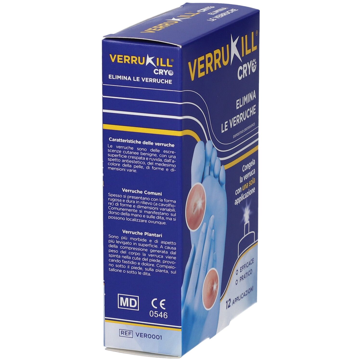 Seitenansicht der Produktverpackung. Text und Illustrationen. Produktname sichtbar.