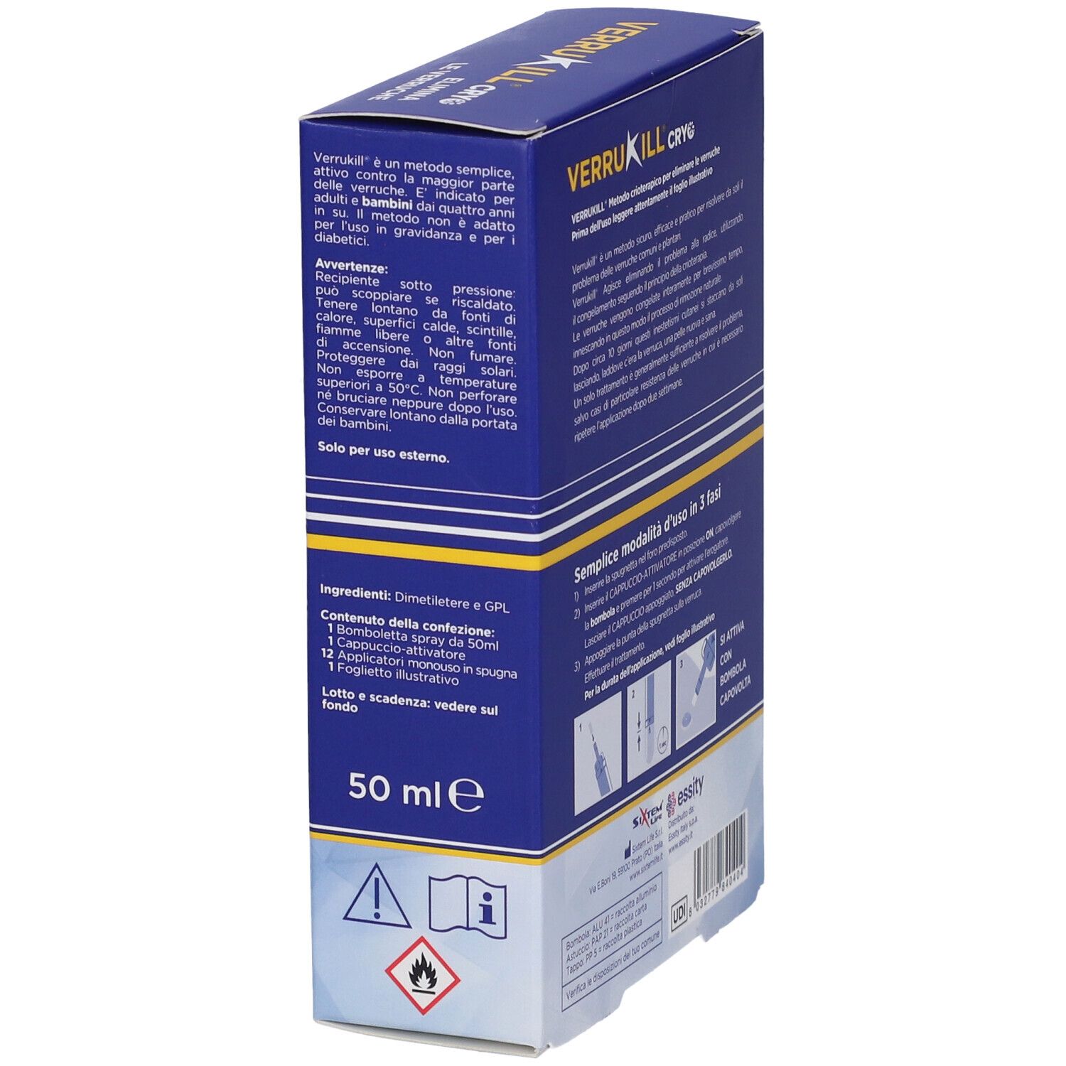 Seitenansicht der Produktverpackung. Text und Illustrationen. Produktname sichtbar.