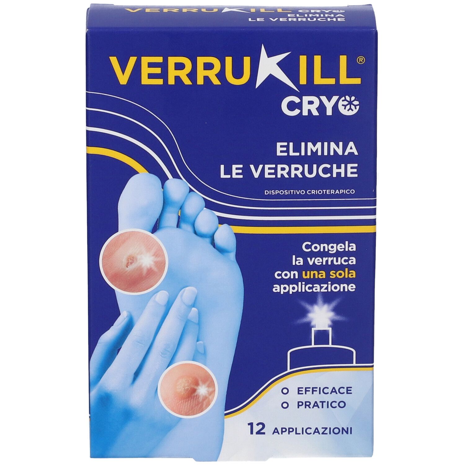 Blau-weiße Verpackung mit Produktnamen und Illustration. Zeigt Fuß mit Warzen. Text: Elimina le verruche.