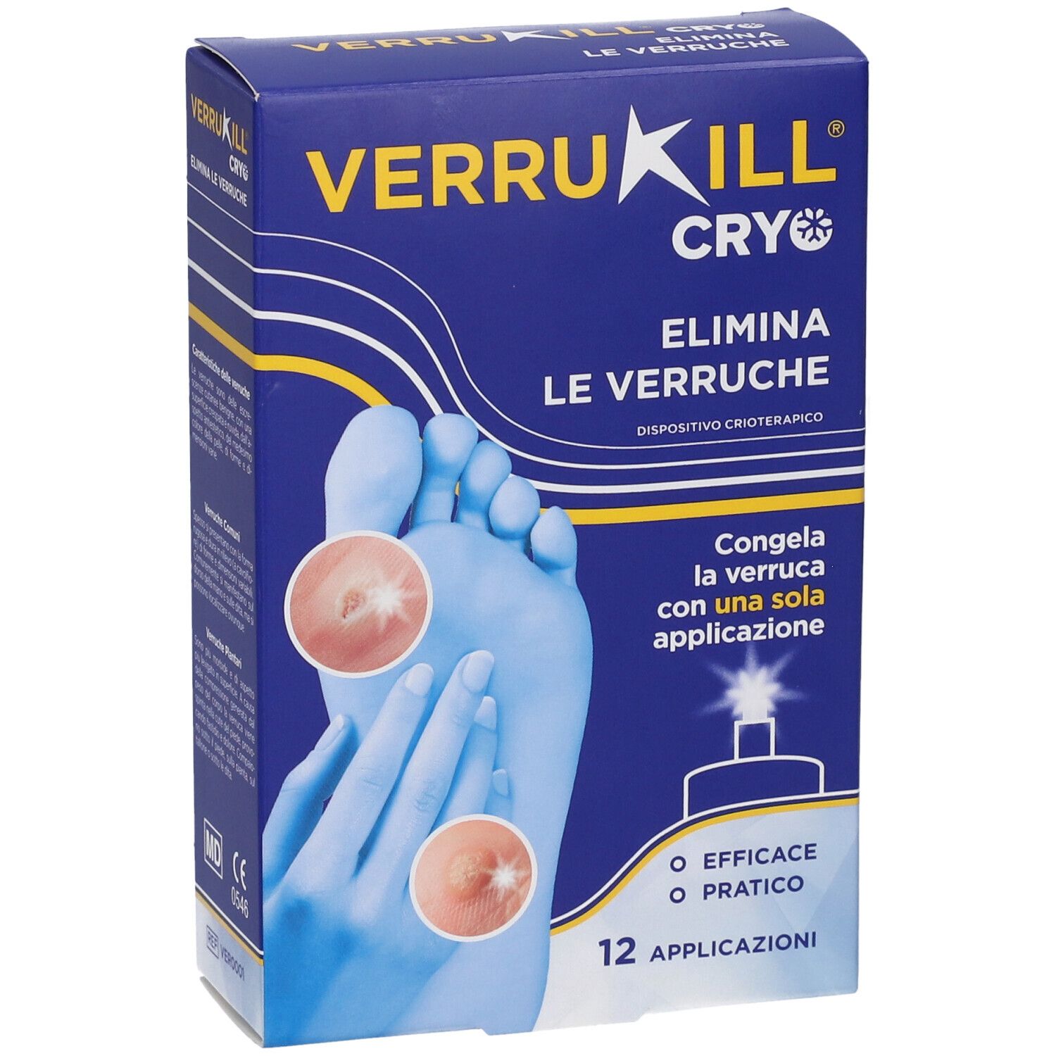 Blau-weiße Verpackung mit Produktnamen und Illustration. Zeigt Fuß mit Warzen. Text: Elimina le verruche.