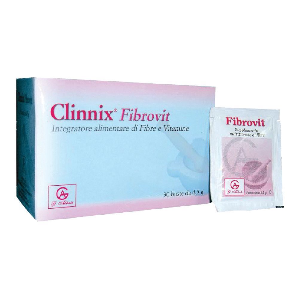 Confezione di Clinnix Fibrovit con 30 bustine. Una bustina singola accanto. Scritta: Fibrovit, Integratore alimentare di Fibre e Vitamine.