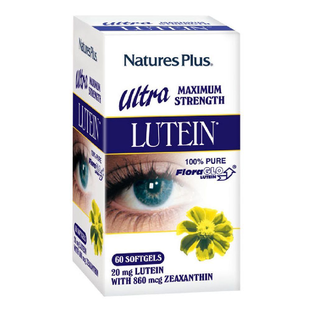 Scatola bianca Ultra Lutein. Scritta: Maximum Strength, 60 softgels, 20 mg luteina, 860 mcg zeaxantina. Immagine di un occhio e di un fiore.
