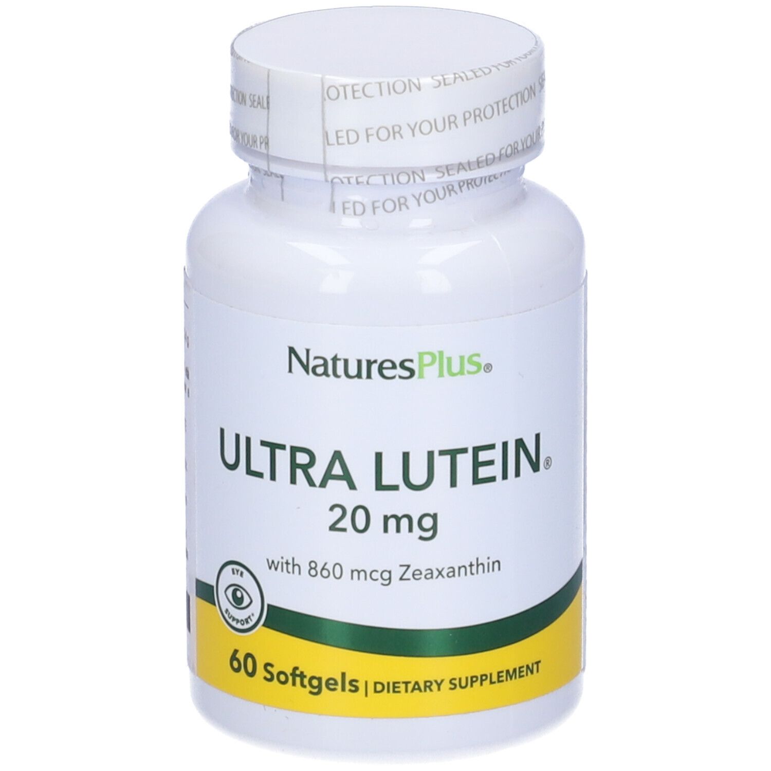 Flacone bianco Ultra Lutein con tappo a vite. Scritta: 20 mg, 60 softgels, 860 mcg Zeaxantina. Striscia verde in basso.