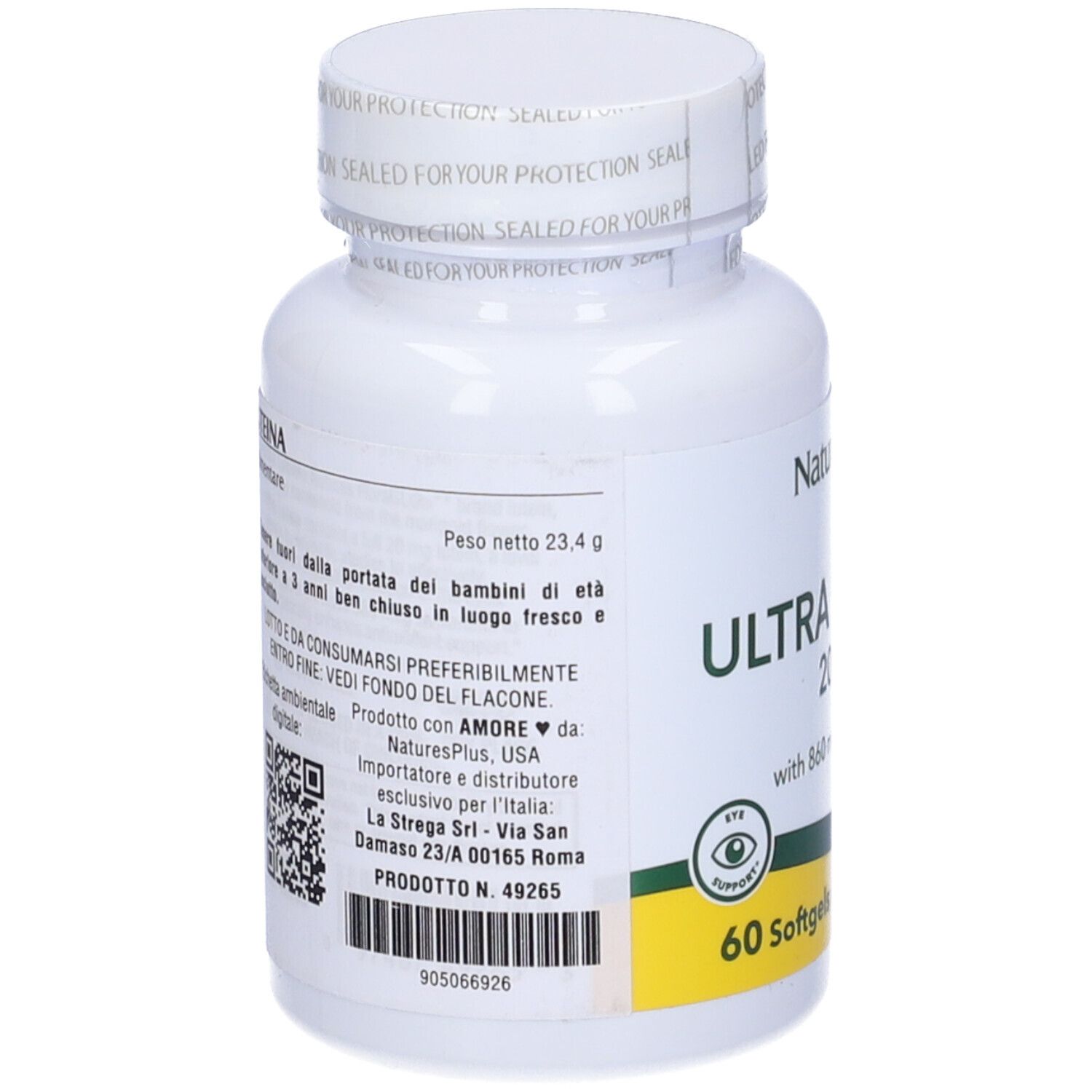 Retro del flacone bianco Ultra Lutein. Scritta: 20 mg, 60 softgels, 860 mcg Zeaxantina. Codice QR e informazioni produttore.