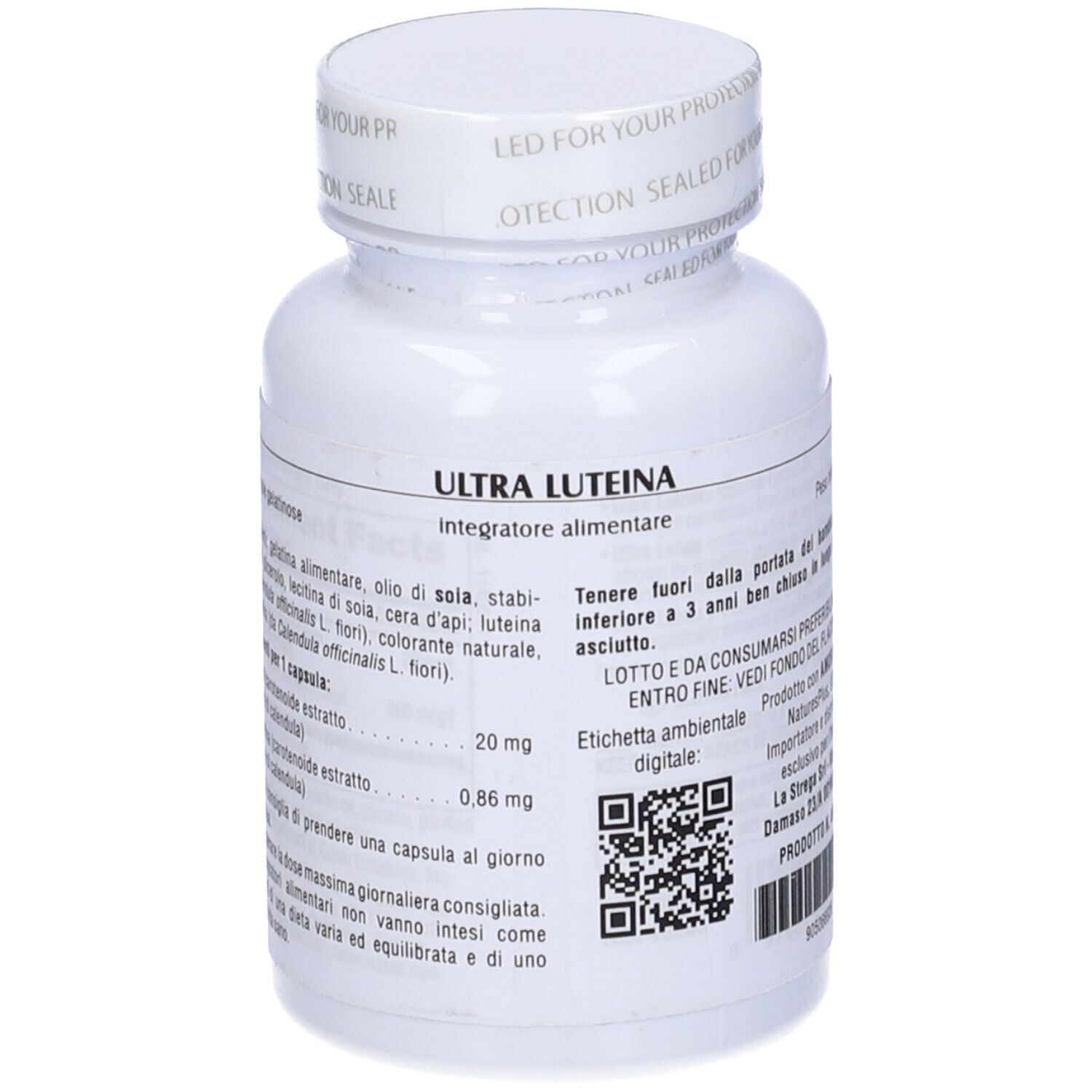 Flacone bianco Ultra Luteina. Scritta: Integratore alimentare, 20 mg luteina, 0,86 mg zeaxantina. Lista ingredienti e codice QR.