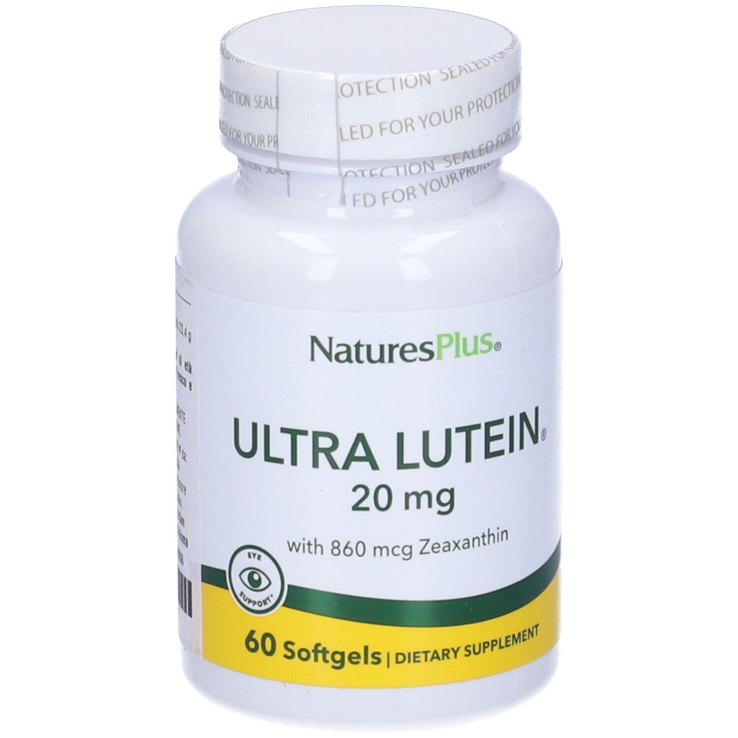 Flacone bianco Ultra Lutein con tappo a vite. Scritta: 20 mg, 60 softgels, 860 mcg Zeaxantina. Simbolo occhio verde.