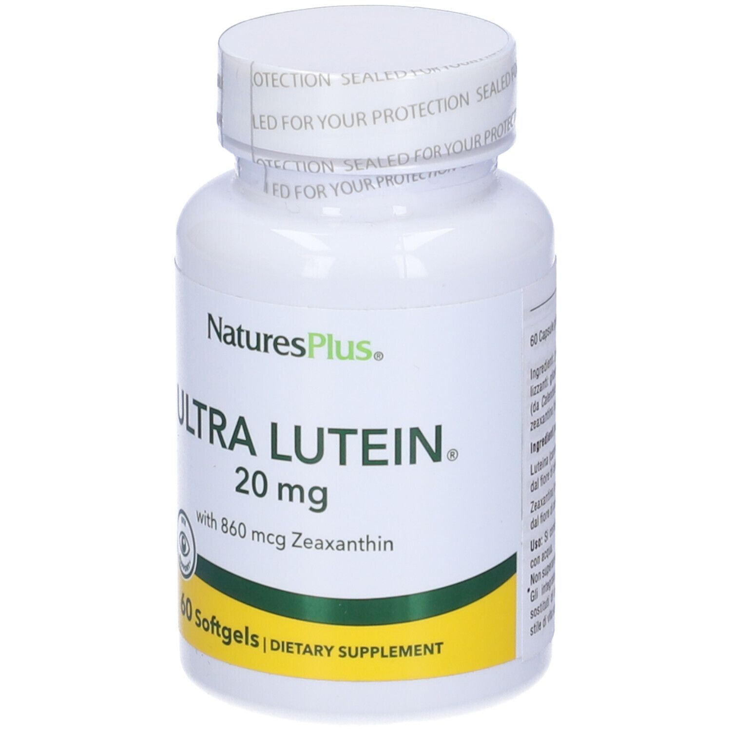 Flacone bianco Ultra Lutein con tappo a vite. Scritta: 20 mg, 60 softgels, 860 mcg Zeaxantina. Simbolo occhio verde.