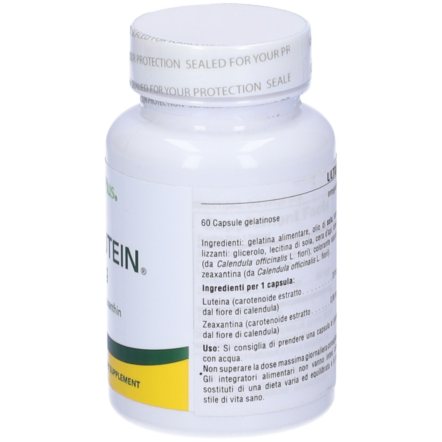 Retro del flacone bianco Ultra Lutein. Scritta: 60 Capsule gelatinose. Lista ingredienti e istruzioni per l'uso.