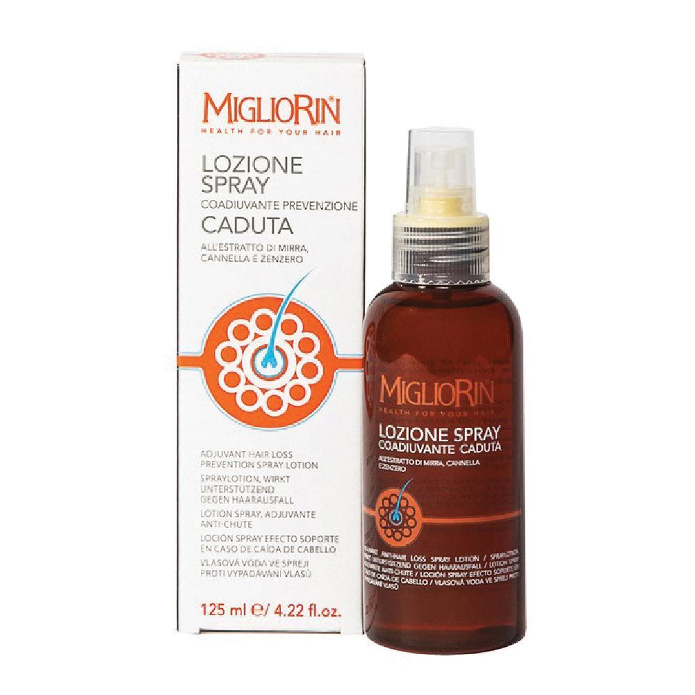 Flacone marrone con spray e scatola. Scritta: Migliorin Lozione Spray Caduta. 125 ml.