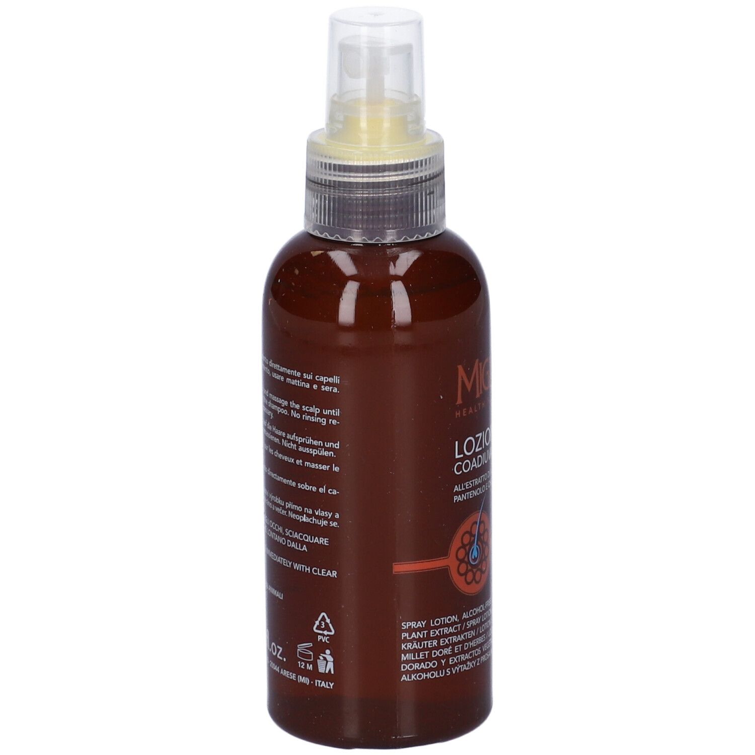 Flacone marrone con spray. Scritta: Migliorin Lozione Spray Caduta. Testo sul retro.