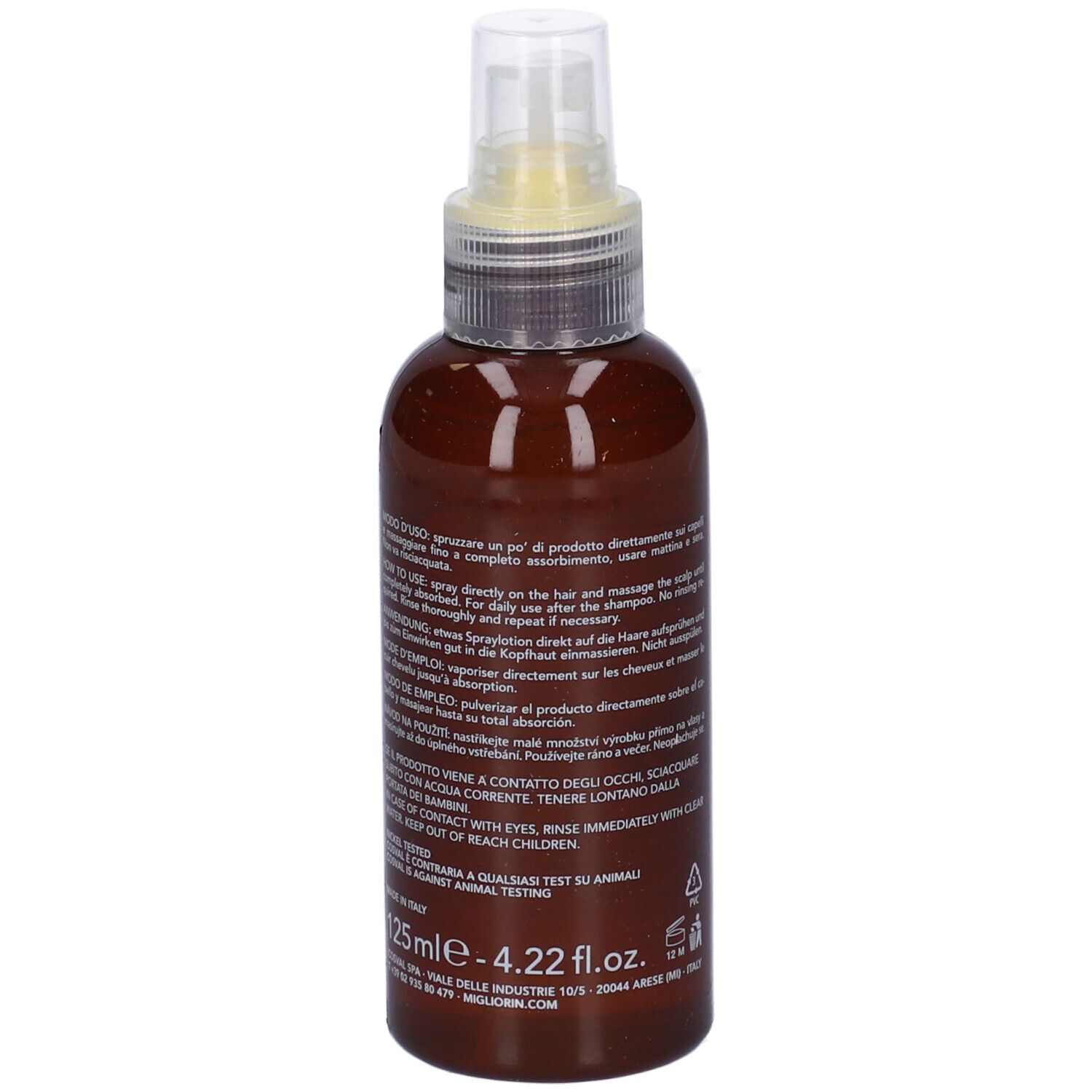Flacone marrone con spray. Scritta: Migliorin Lozione Spray Caduta. Testo sul retro.