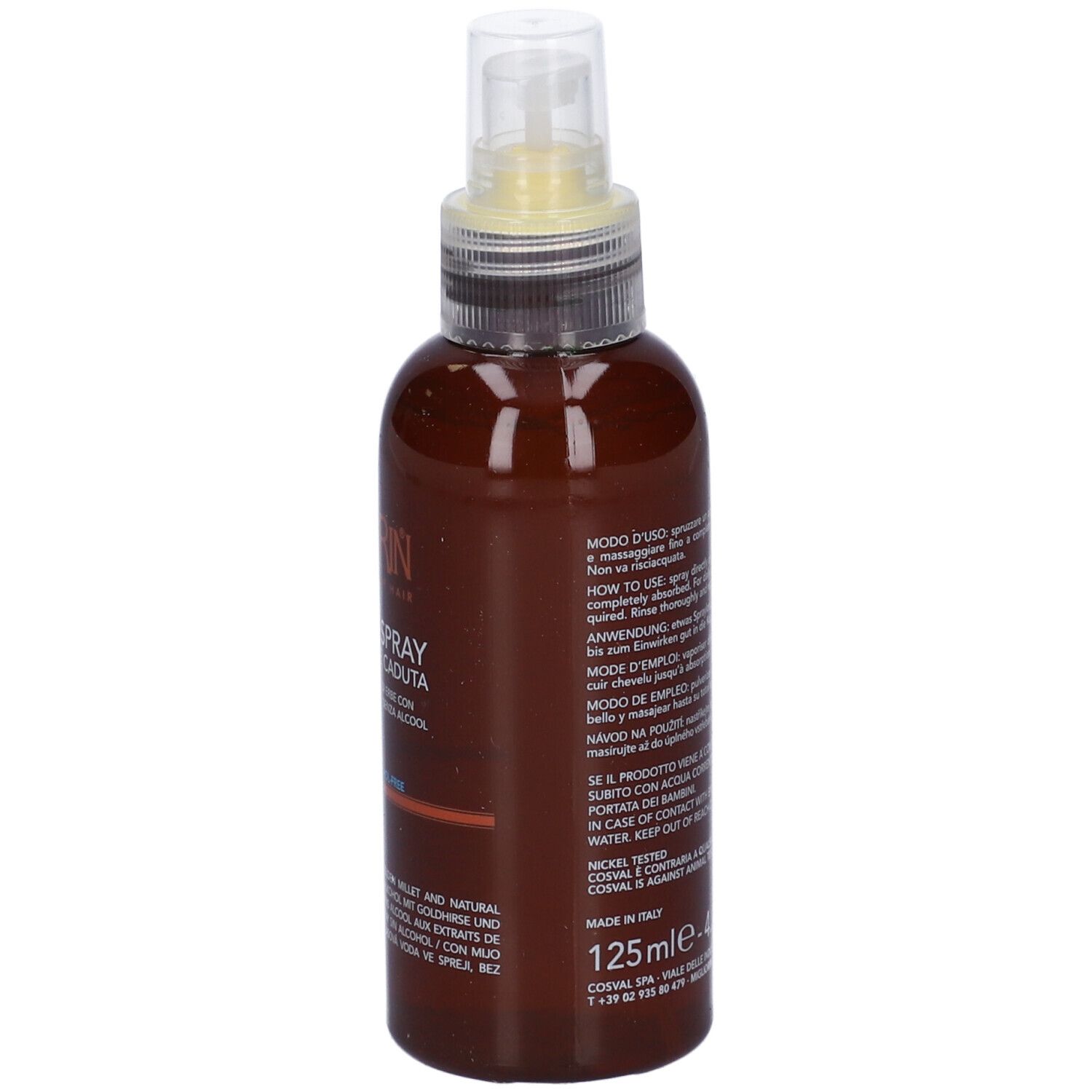 Flacone marrone con spray. Scritta: Migliorin Lozione Spray Caduta. Testo sul retro.
