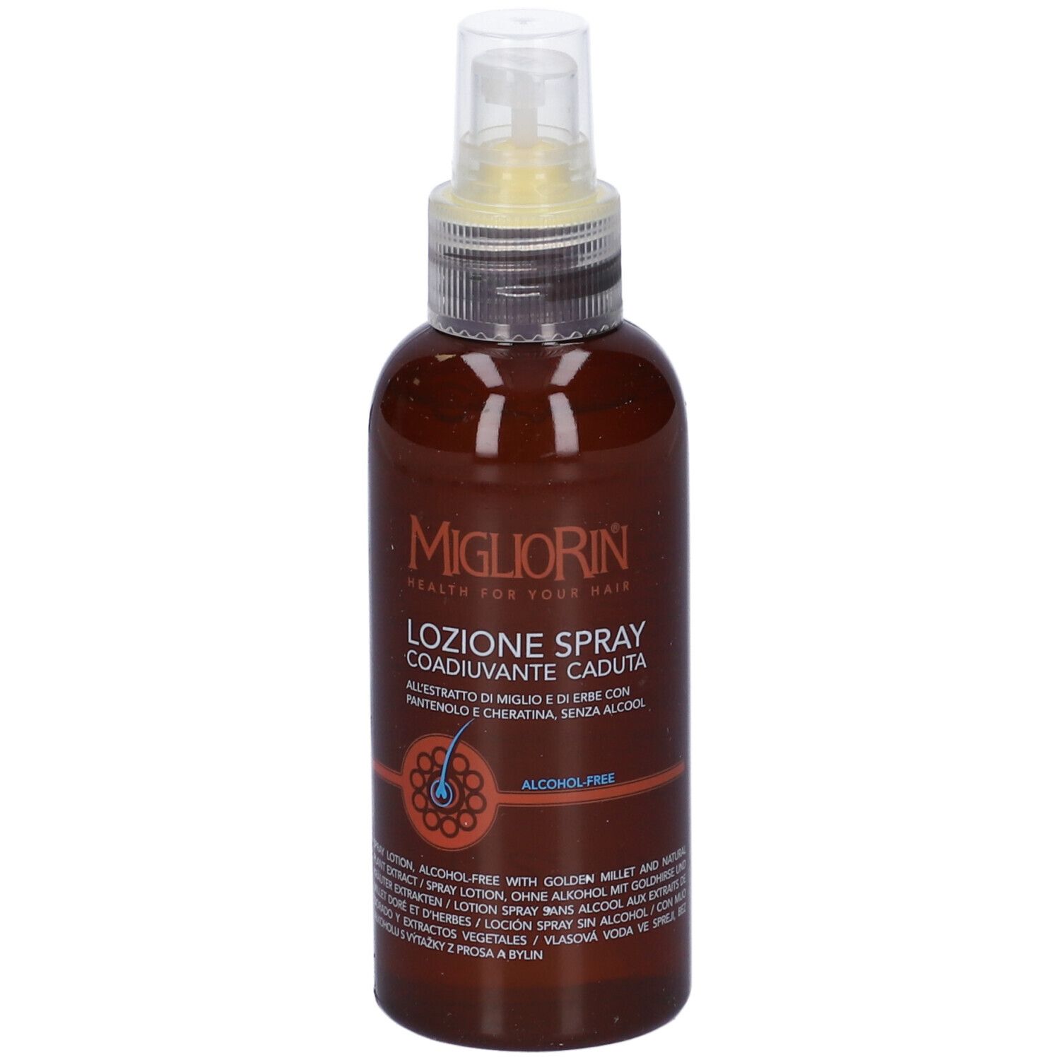Flacone marrone con spray. Scritta: Migliorin Lozione Spray Caduta. Testo sul retro.