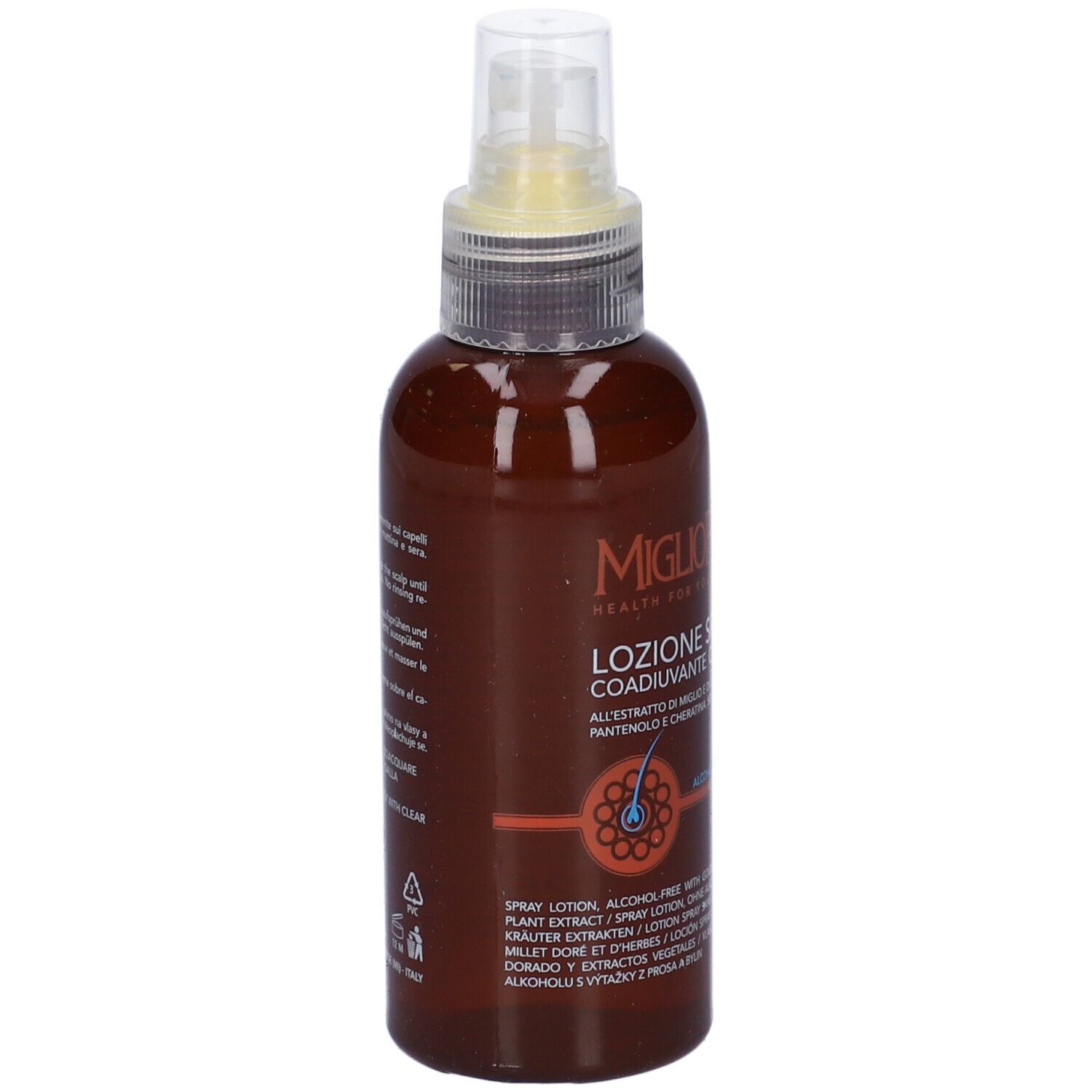 Flacone marrone con spray. Scritta: Migliorin Lozione Spray Caduta. Testo sul retro.