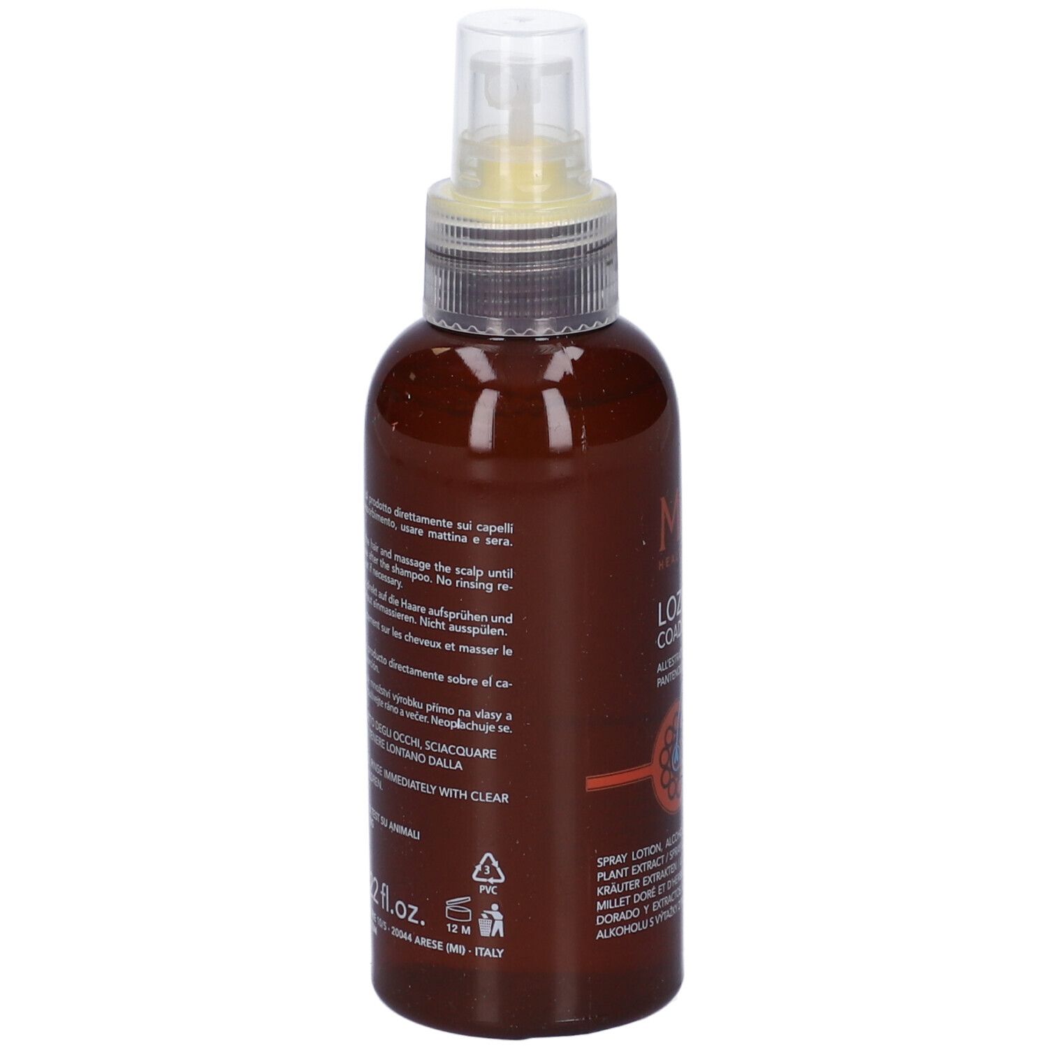 Flacone marrone con spray. Scritta: Migliorin Lozione Spray Caduta. Testo sul retro.