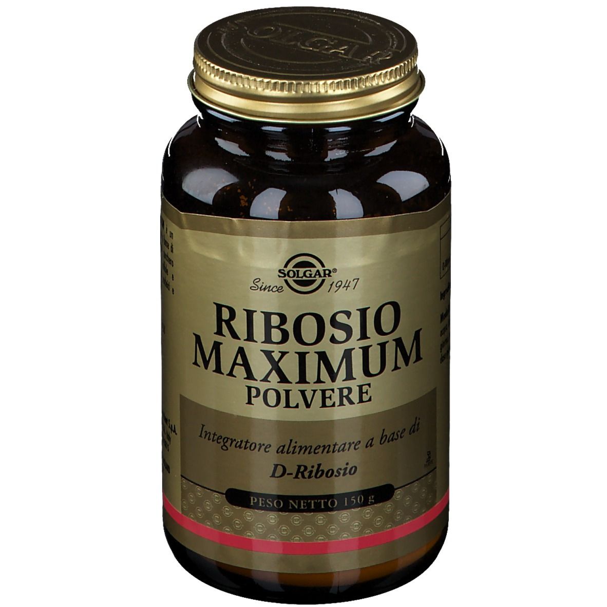 Braune Glasflasche mit goldfarbenem Deckel. Etikett mit "SOLGAR Ribosio Maximum Polvere".