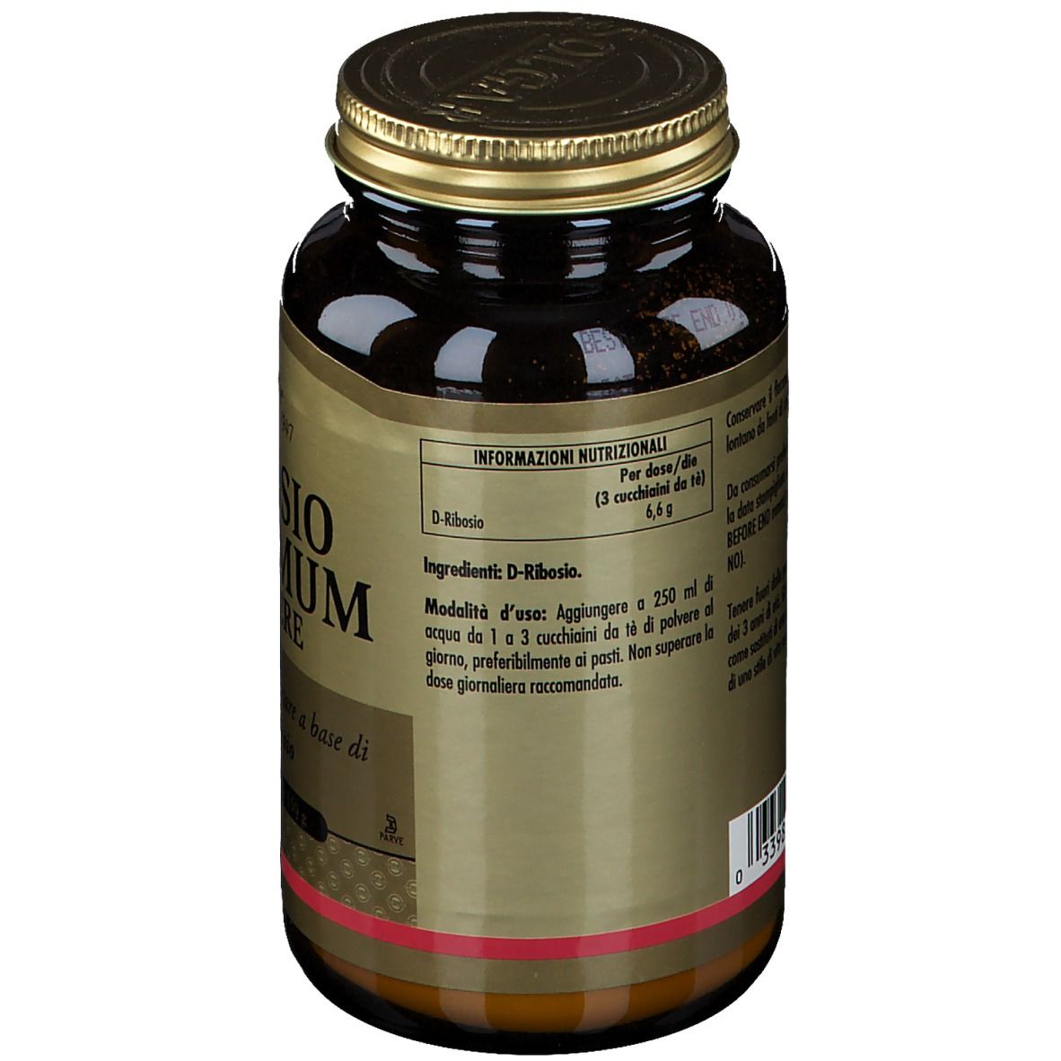 Rückseite einer braunen Glasflasche mit goldfarbenem Deckel. Text mit Nährwertangaben und Inhaltsstoffen.