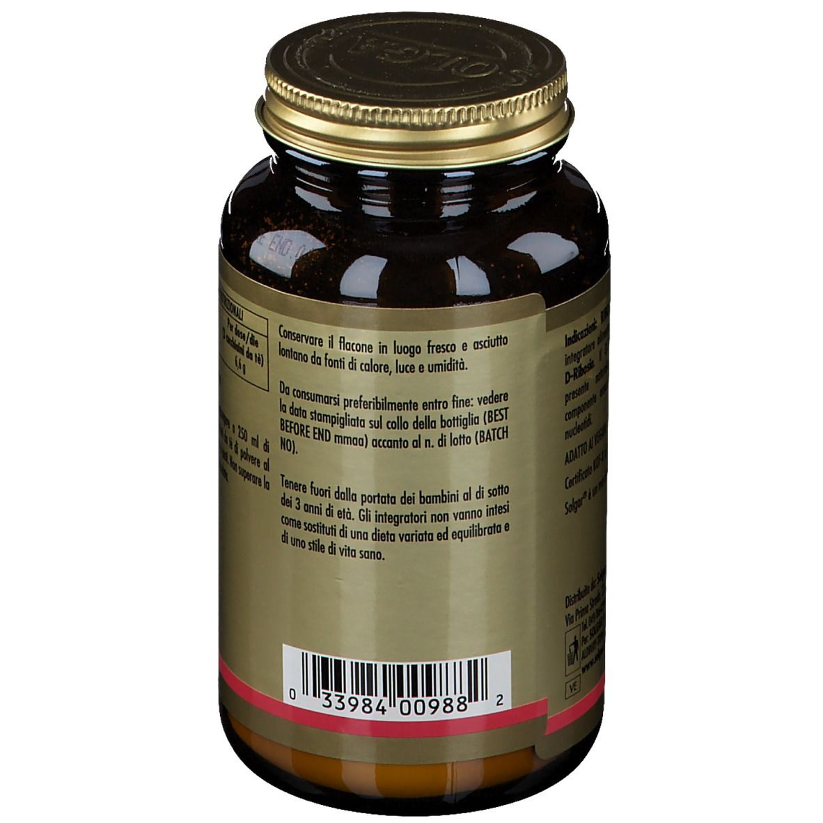Rückseite einer braunen Glasflasche mit goldfarbenem Deckel. Text mit Lagerhinweisen und Chargennummer.