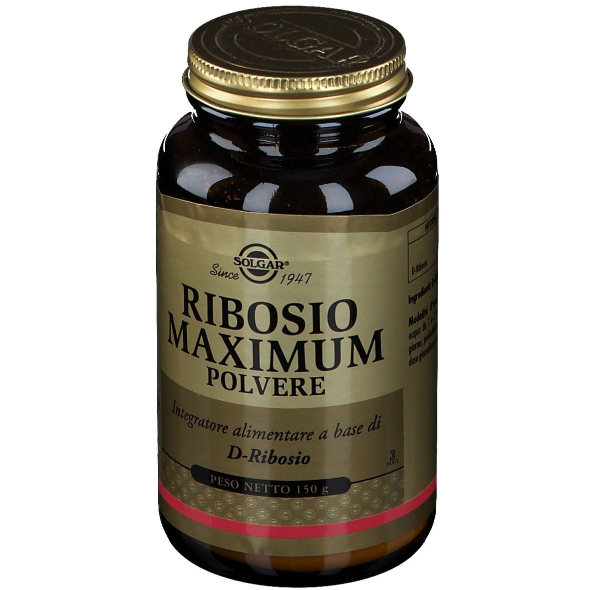 Braune Glasflasche mit goldfarbenem Deckel. Etikett mit "SOLGAR Ribosio Maximum Polvere" und Gewichtsangabe.