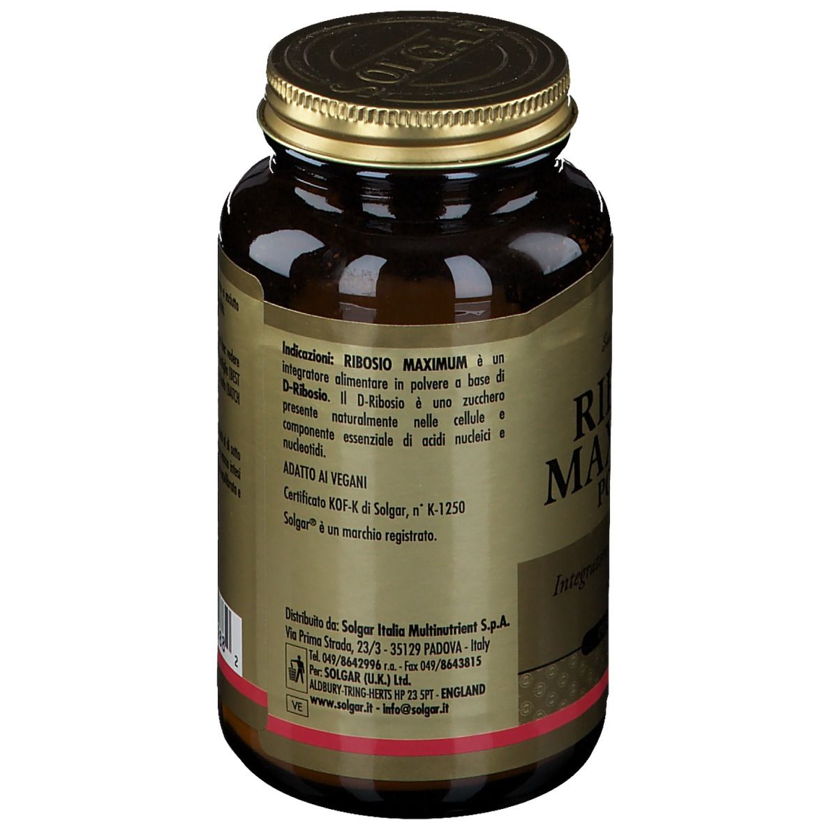 Rückseite einer braunen Glasflasche mit goldfarbenem Deckel. Text mit Produktinformationen und Herstellerangaben.