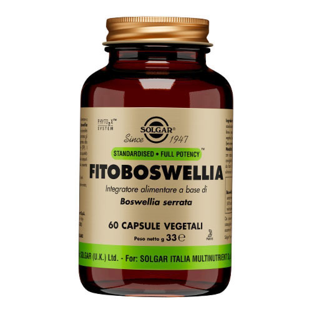 Flacone di vetro marrone con tappo dorato. Etichetta con nome FITOBOSWELLIA e logo SOLGAR. 60 capsule.