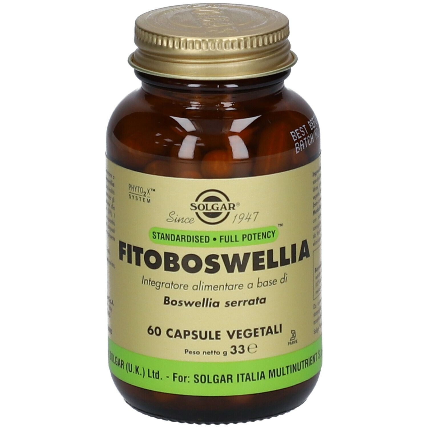 Flacone di vetro marrone con tappo dorato. Etichetta con nome FITOBOSWELLIA e logo SOLGAR. 60 capsule.