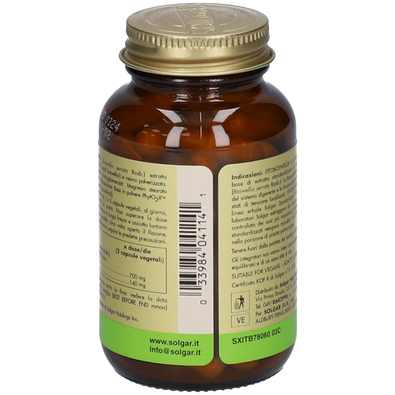 Flacone di vetro marrone con tappo dorato. Retro con etichetta e testo. Contiene 60 capsule.