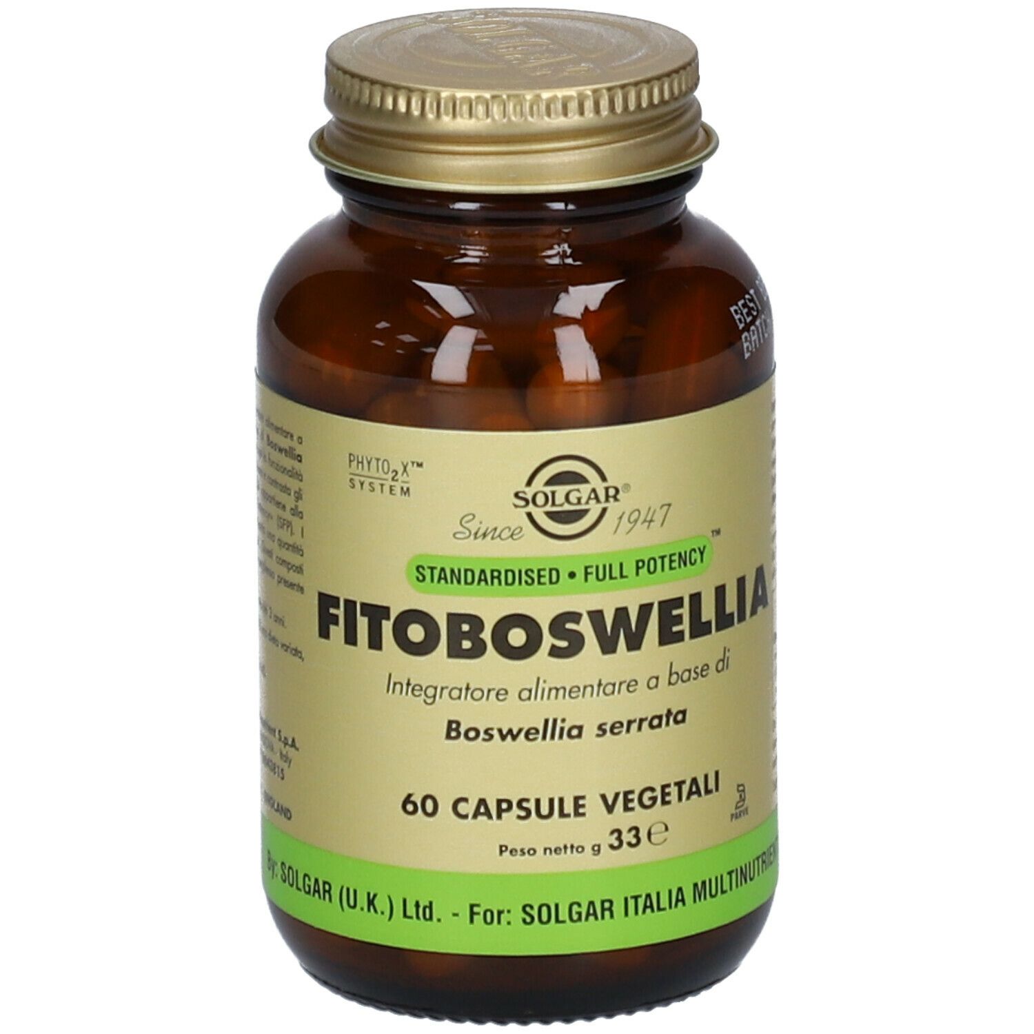 Flacone di vetro marrone con tappo dorato. Etichetta con nome FITOBOSWELLIA e logo SOLGAR. 60 capsule.