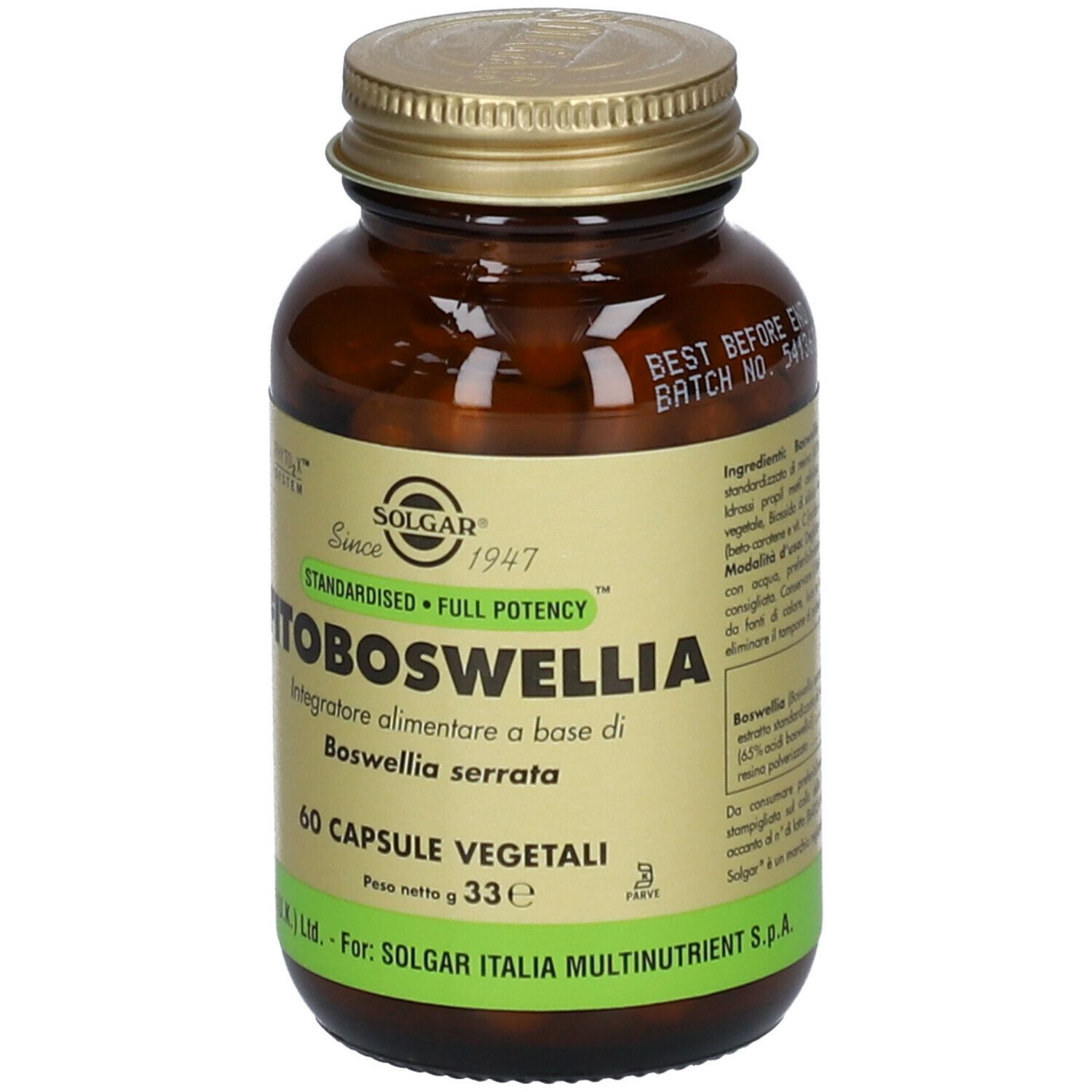 Flacone di vetro marrone con tappo dorato. Etichetta con nome FITOBOSWELLIA e logo SOLGAR. 60 capsule.