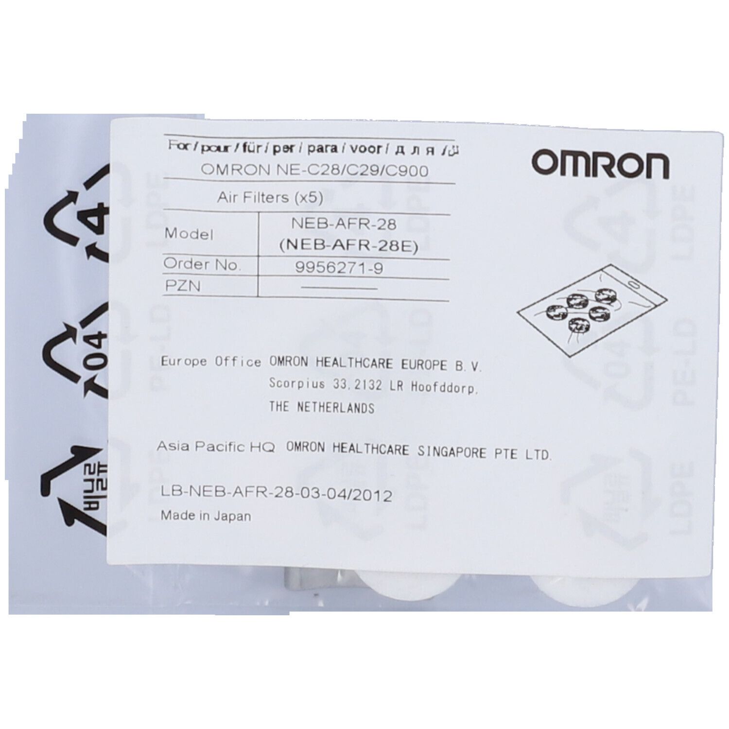 Filtri aria OMRON per C28P e C29. Filtri bianchi in confezione con informazioni e logo del prodotto.