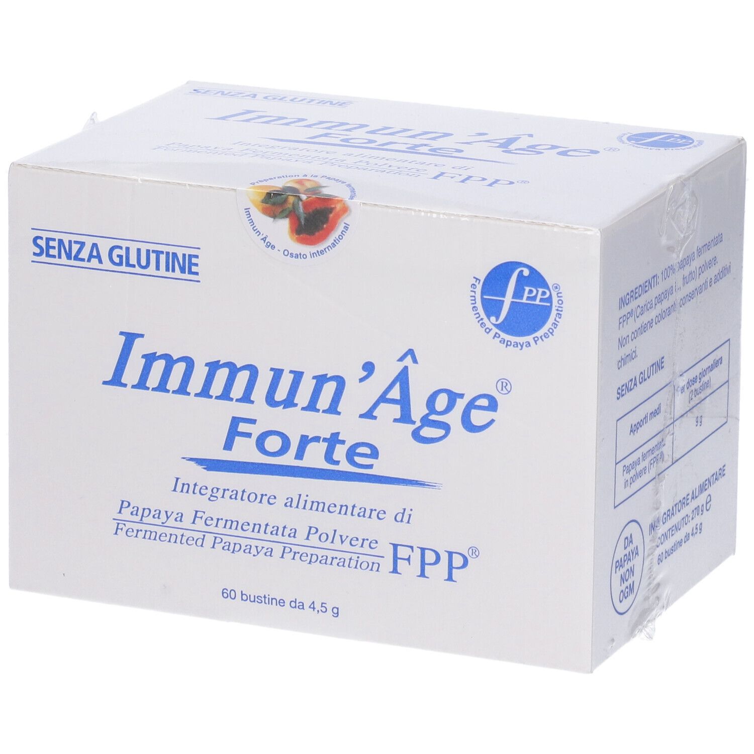 Scatola bianca con testo blu. Scritto: Immun'Âge Forte, senza glutine. Contiene 60 bustine di polvere di papaya.