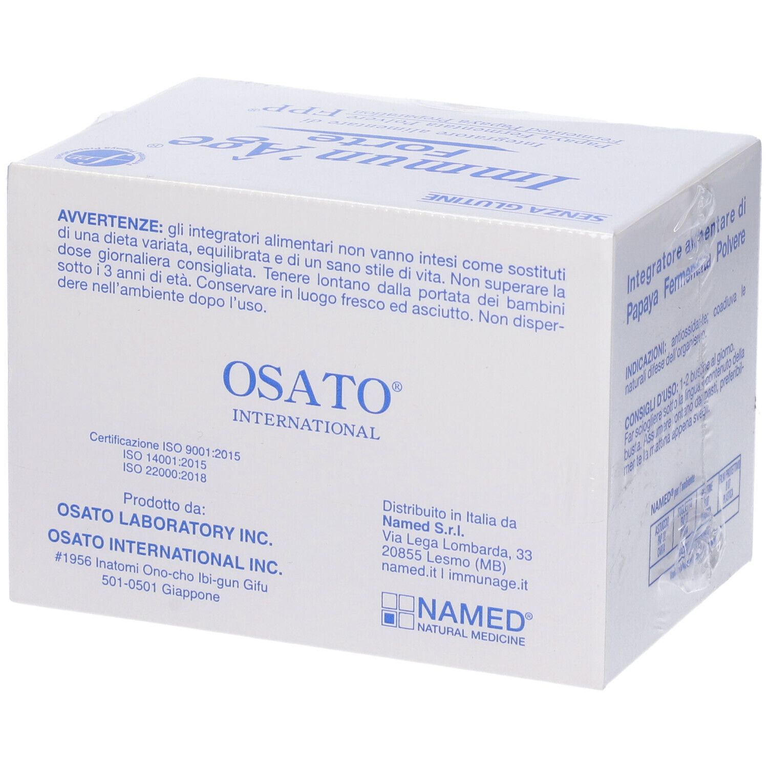 Scatola bianca con testo blu. Scritto: Immun'Âge Forte, senza glutine. Contiene 60 bustine di polvere di papaya.